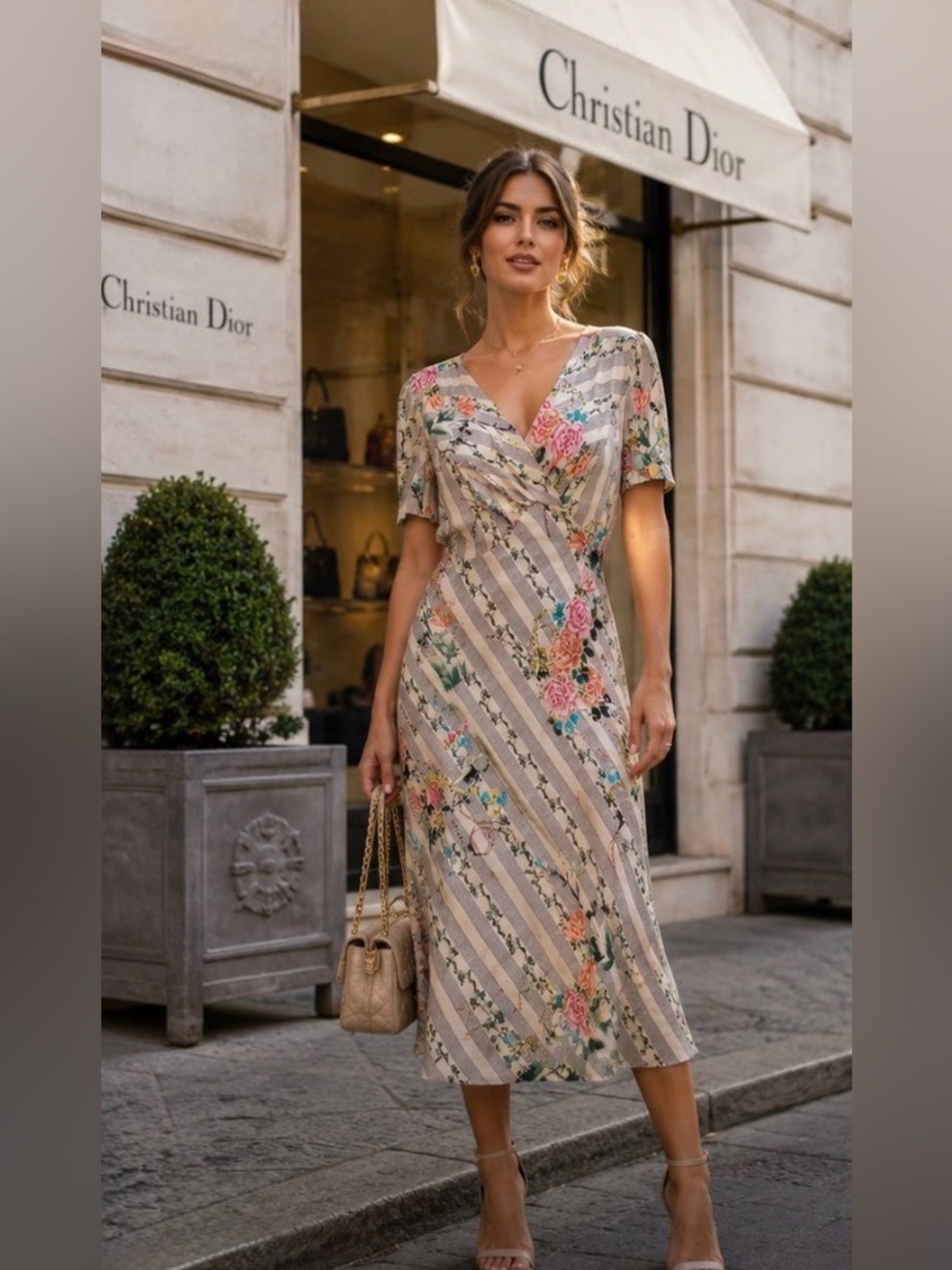 Authentic John Galliano Y2K Silky Floral Bias Cut Dress Striped Draped Midi 8-10